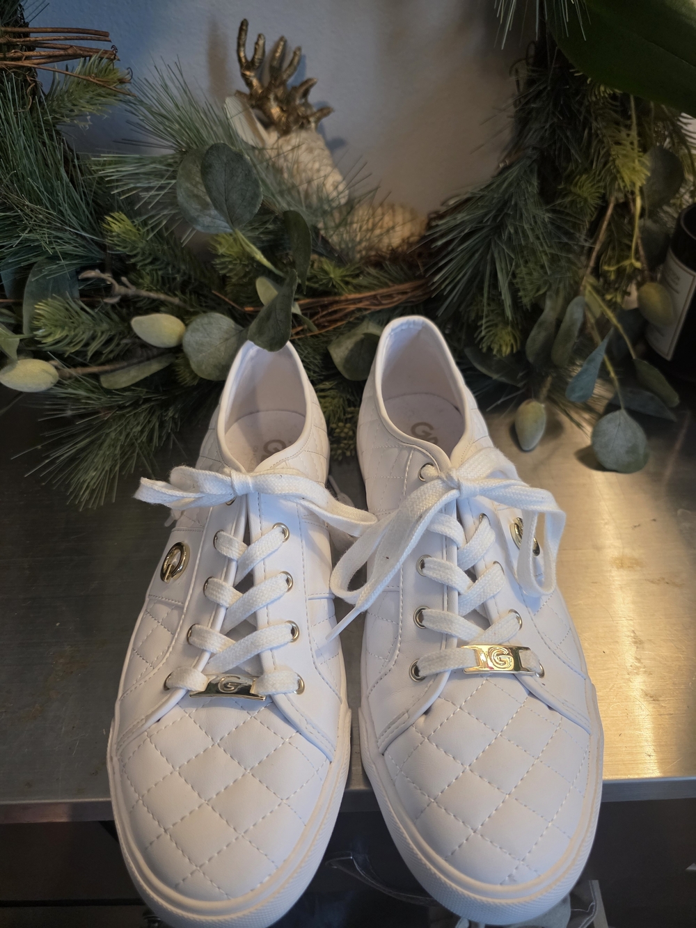 GBG Los Angeles White Quilted Lace-Up Sneakers with Gold Accents